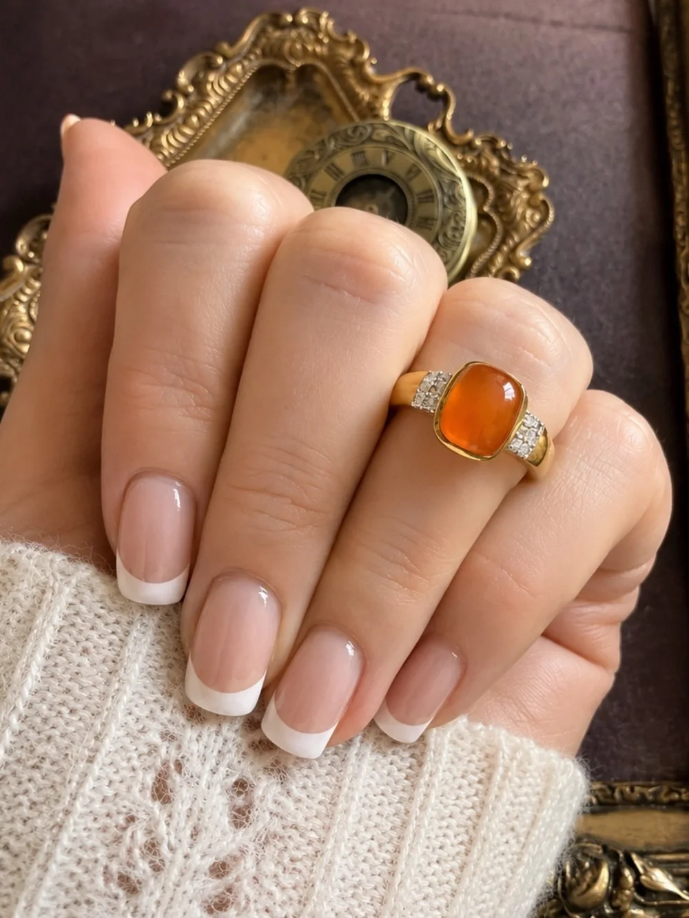 🆕 SONI • Gold Ring Orange Cabochon Crystal Stones Cocktail  Ring